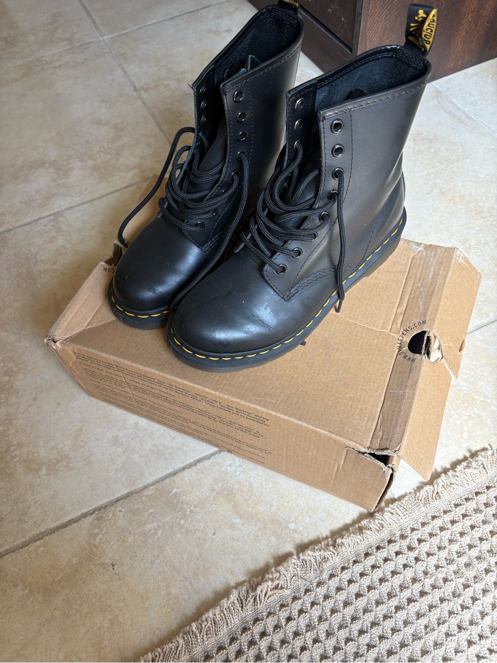 Dr. Martens Black Leather Lace-Up Combat Boots with Yellow Stitching